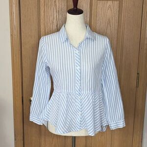 Love Notes Blue White Stripe Peplum Blouse Size M Button Front Cotton Top